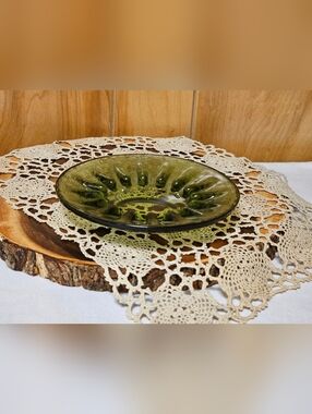 Vintage Basket Weave Avocado Green Glass Indent Ashtray Trinket Dish 70s
